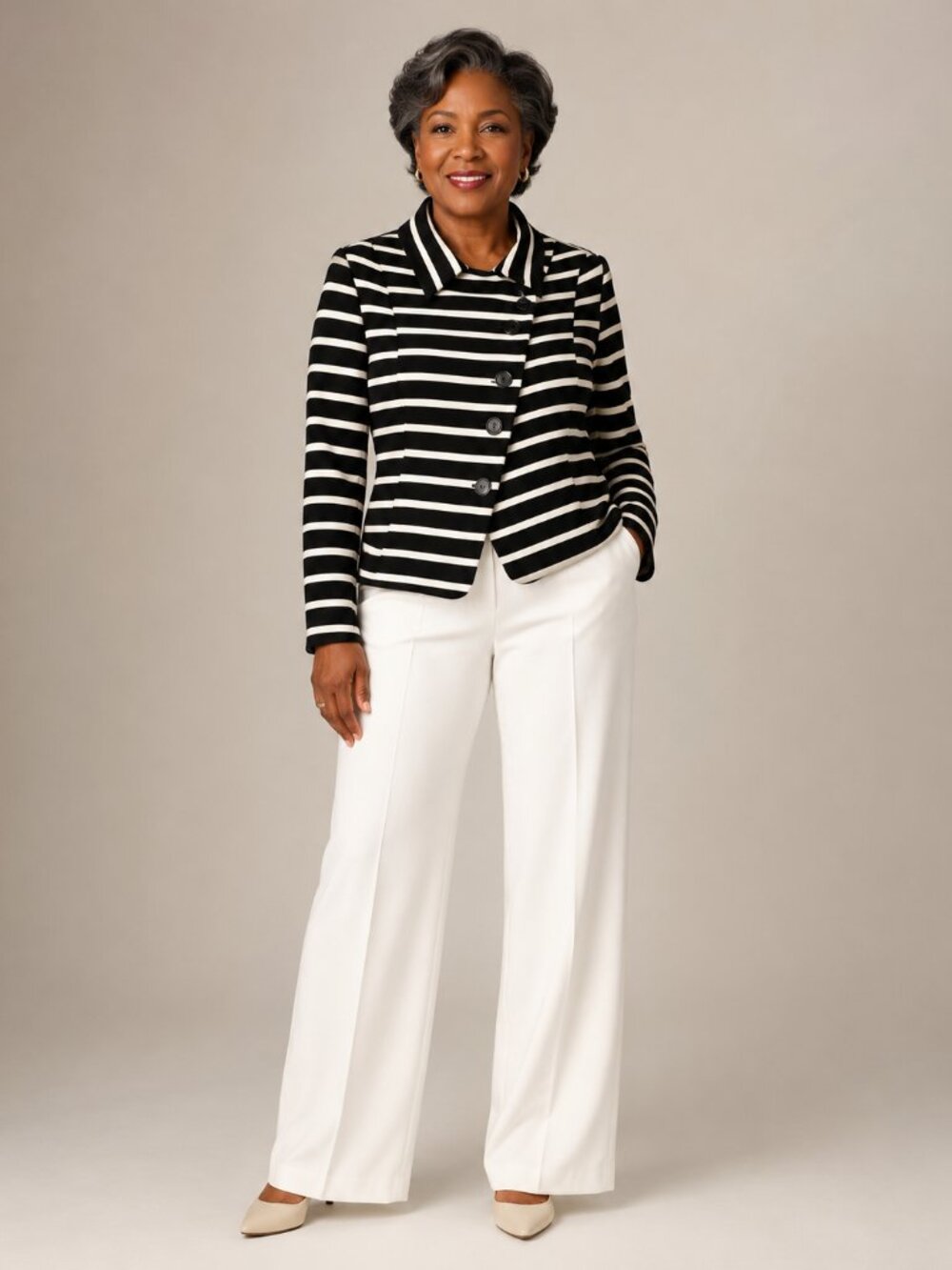 Bailey 44 Black White Striped Asymmetric Button Blazer Jacket Sz S Parisian Chic
